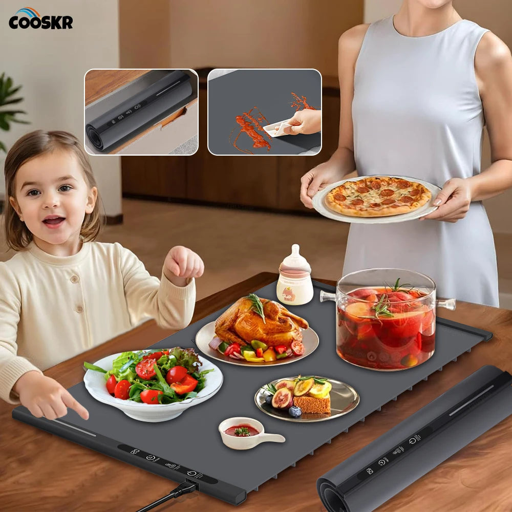 Electric Food Warmer Plate Silicone Foldable Warming Tray Portable Dining Table Food Heater Fast Heating Electric Warming Plate