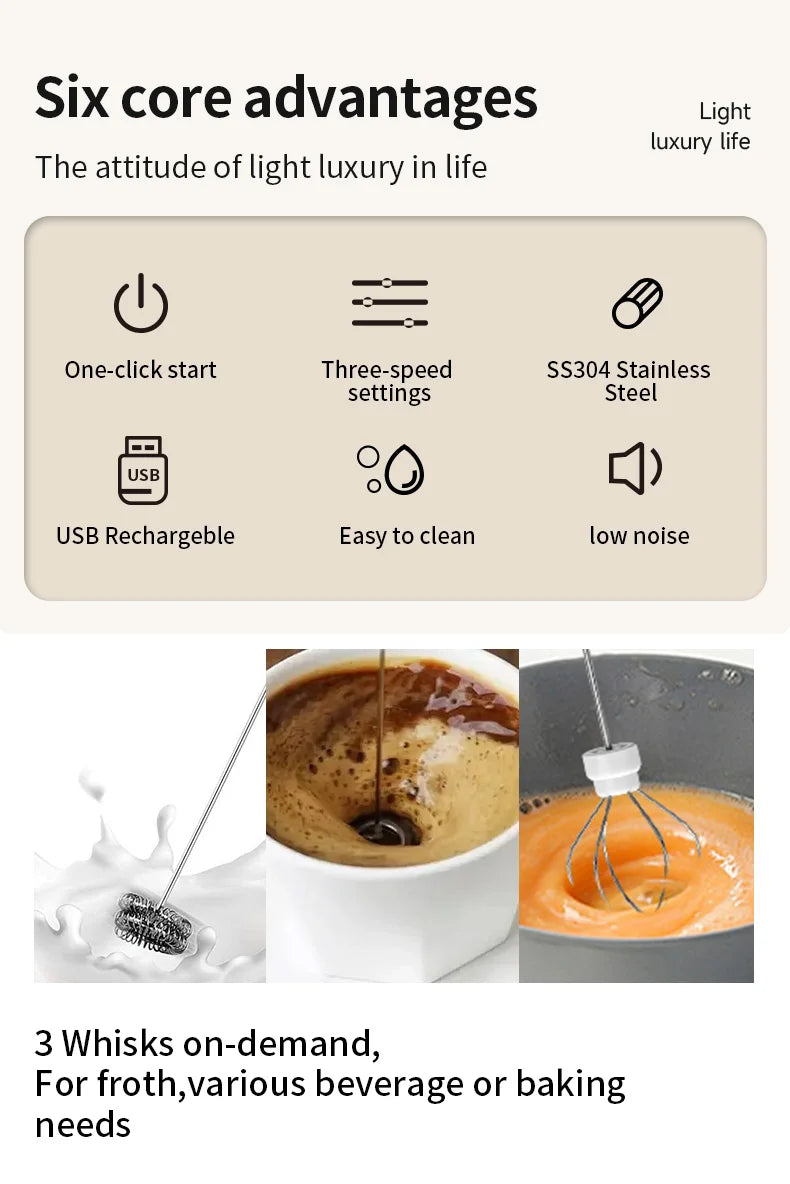HOT  Electric Milk Frother + Egg Beater Wireless Type-C Charging 3 Speeds Mini Handheld Foam Maker Coffee Whisk Cooking Tools