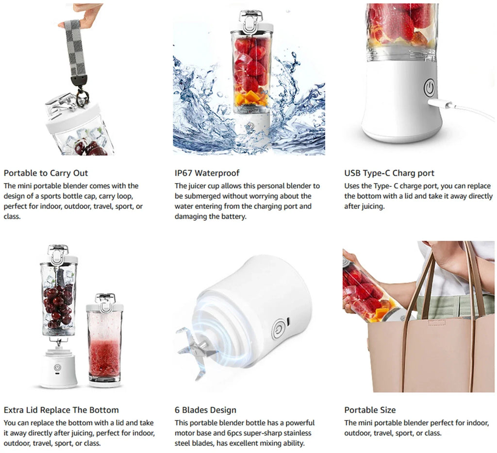 Portable Blender Electric Juicer 600ML Fruit Mixers 4000mAh USB Rechargeable Smoothie Mini Blender Multifunction Juice Maker