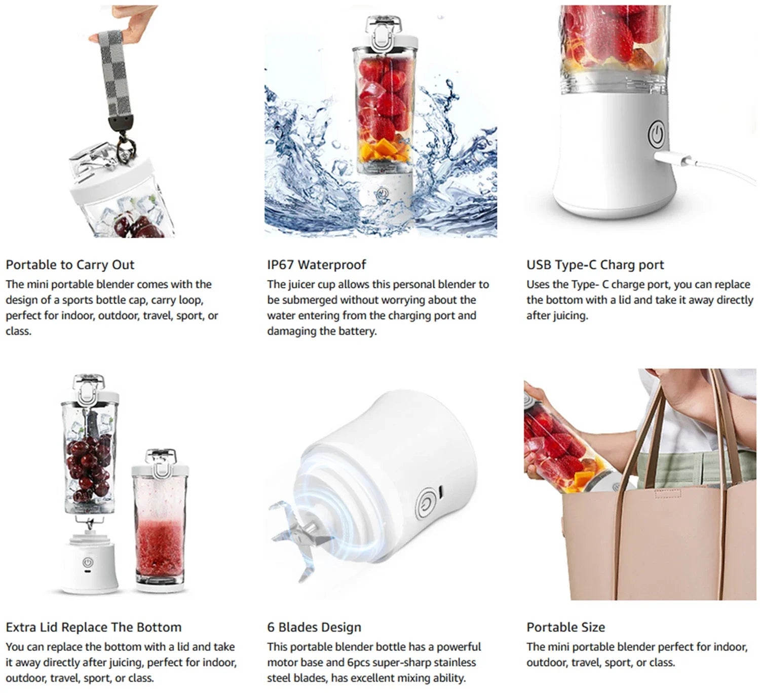 Portable Blender Electric Juicer 600ML Fruit Mixers 4000mAh USB Rechargeable Smoothie Mini Blender Multifunction Juice Maker