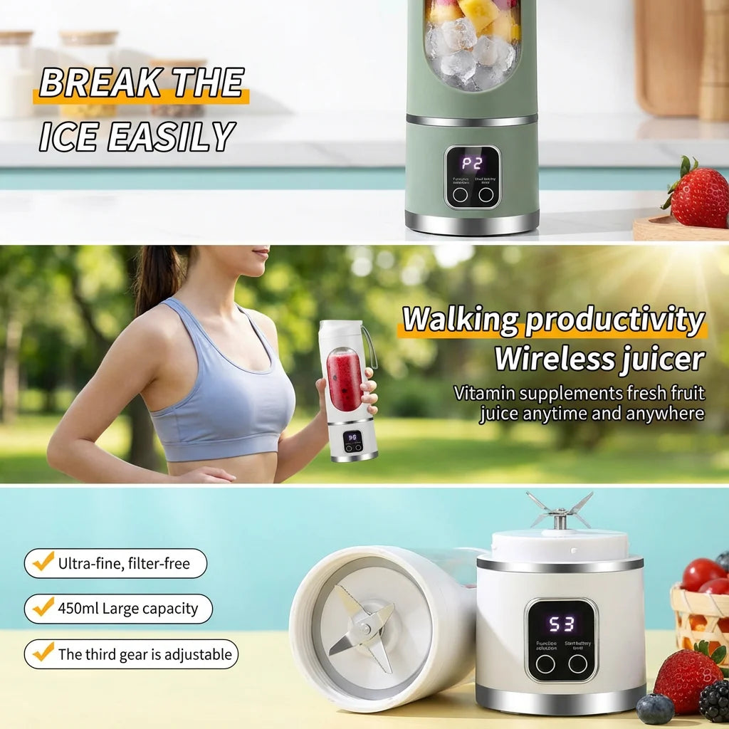 2025 Mini Electric Juicer with Powerful Motor 450ML Large Capacity Digital Display Crushed Ice Household Charging Juice Cup