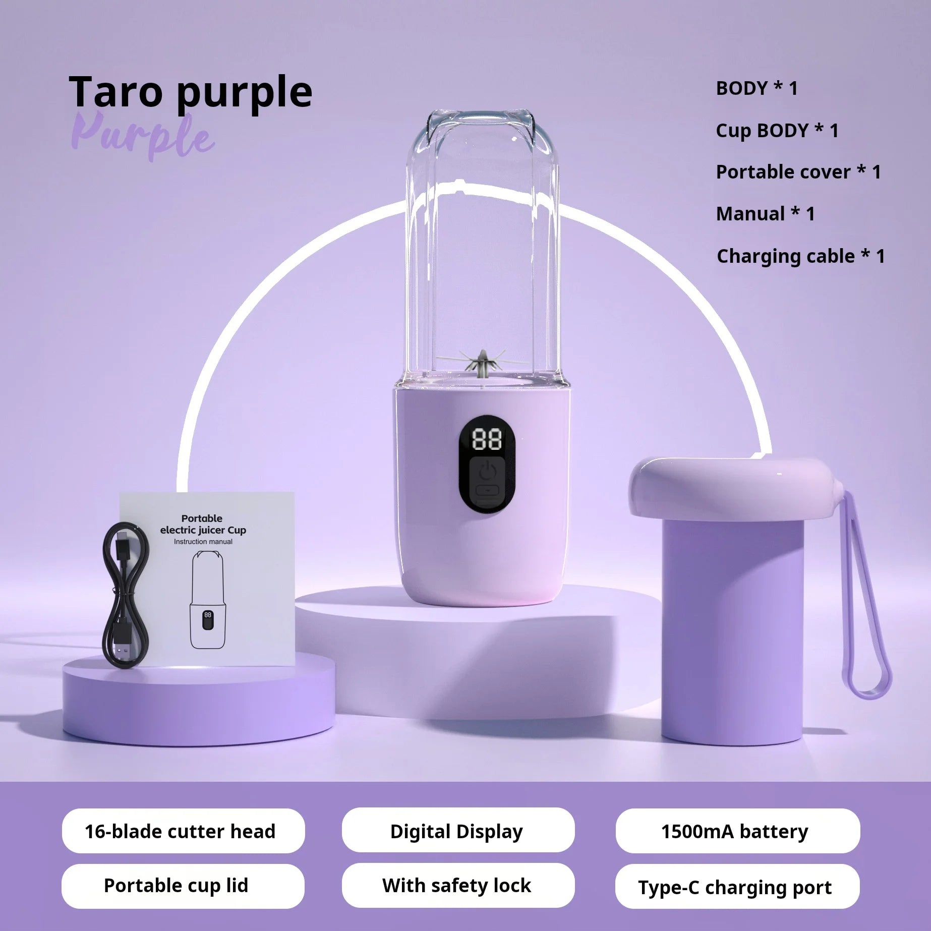 500ML Portable Blender with Lid Rechargeable Wireless Orange Juicer 16 Stainless Blades USB Smoothie Vegetables Fruits Mixer