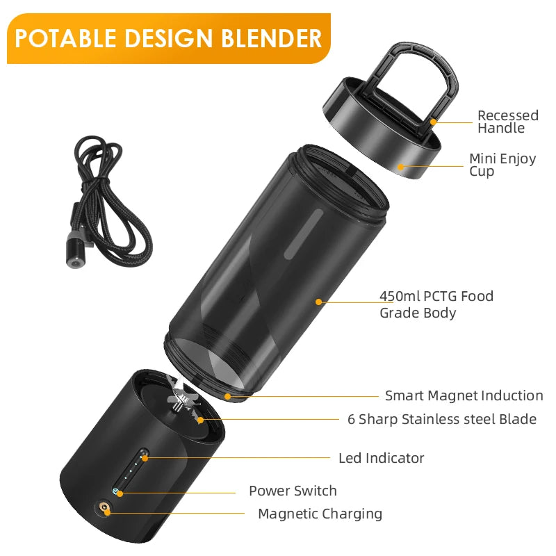 Portable Electric Juice Blender USB Rechargeable Fruit Juicer Mixer for Shakes Smoothies 450ML Househould Outdoor Juicing Cup