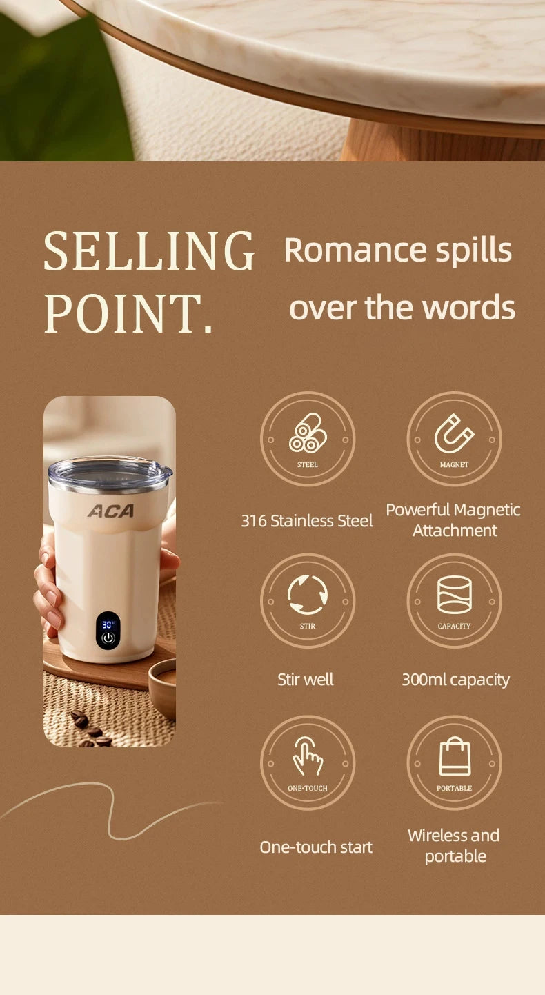 Mini Electric Automatic Magnetic Stirring Cup Smart Temperature & Battery Level Display 300ml USB-Charging Magnetic Water Cup