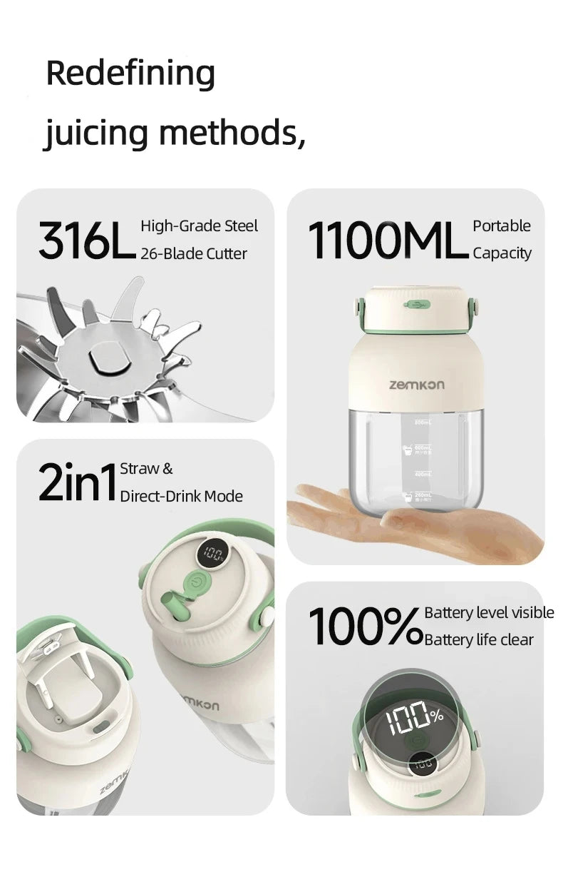 1100ML Portable Juicer Fresh Fruit Mixer 26 Blades USB Rechargeable Multifunctional Juicer Ice Crusher Smoothie Blender For Home