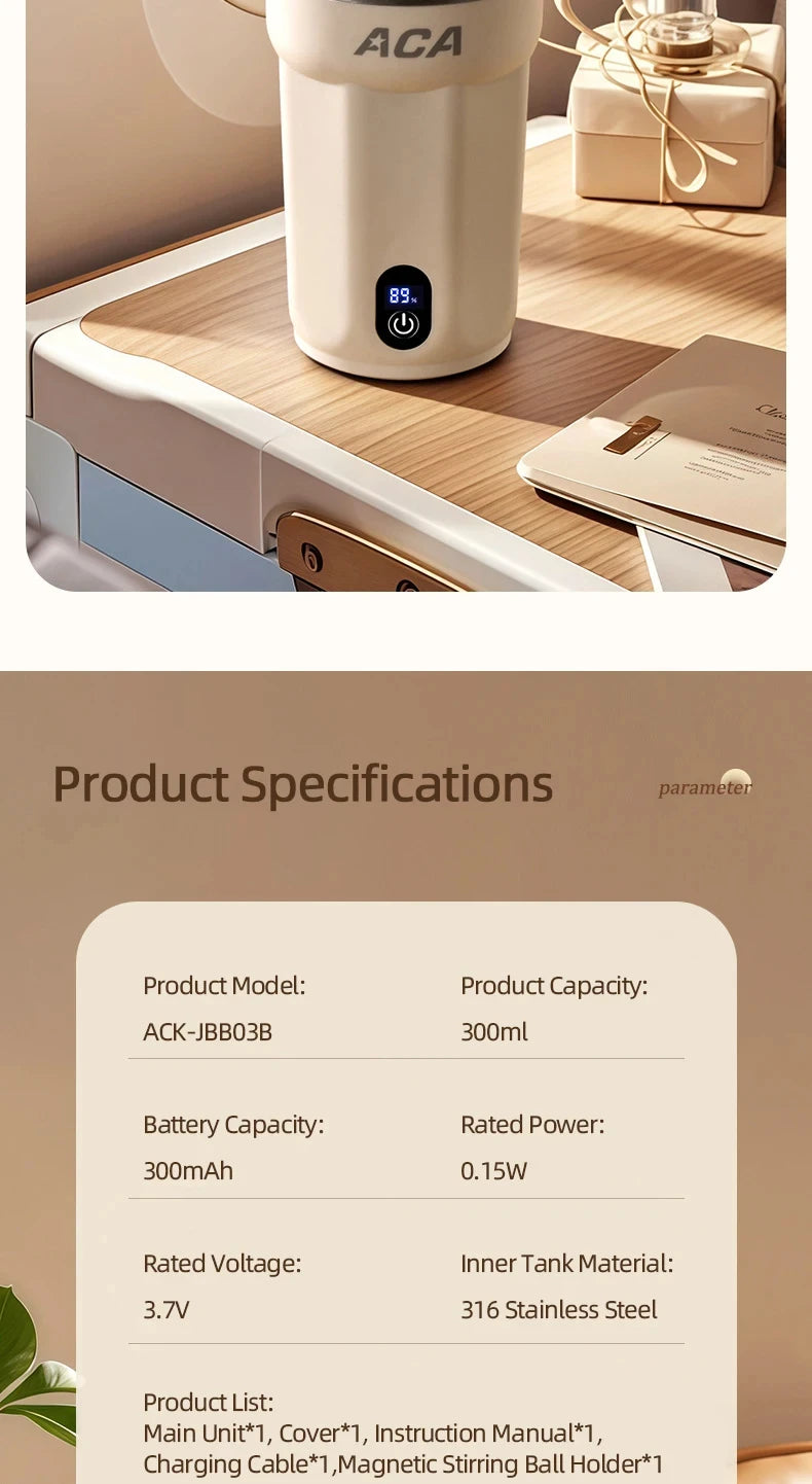 Mini Electric Automatic Magnetic Stirring Cup Smart Temperature & Battery Level Display 300ml USB-Charging Magnetic Water Cup